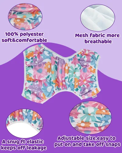 Vista 45 de Alva, Pañales de bebé para nadar, paquete de 2 unidades, talle único, reutilizable, lavable y ajustable de 0 a 36 meses. Tamaño de 10 a 40 lbs