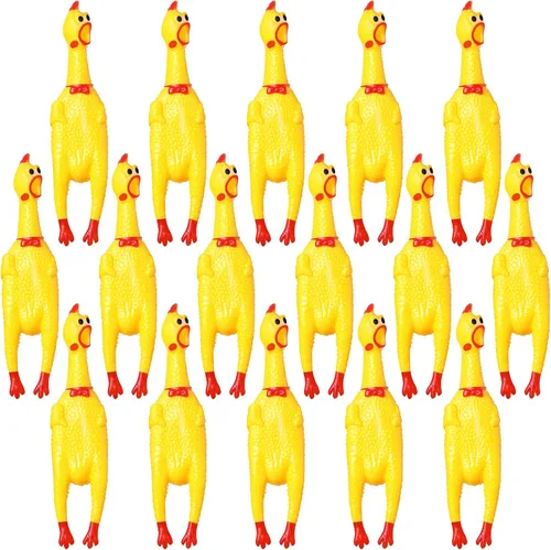 Vista 7 de Sratte Paquete de 16 juguetes de pollo chirriantes a granel, juguetes grandes de goma de pollo chirriante para mascotas, regalos para masticar
