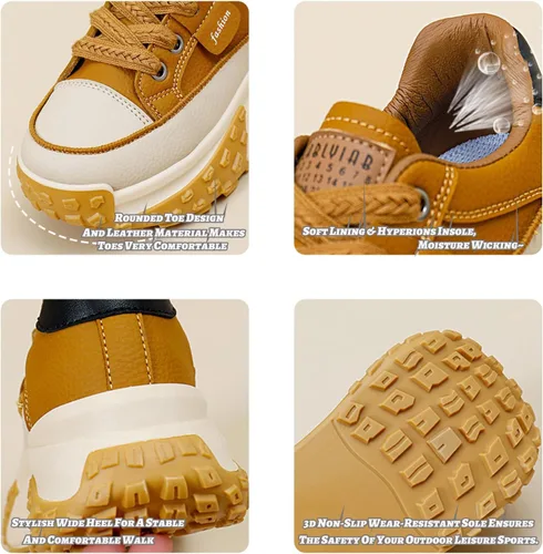 Vista 2 de DXNXIG Tenis casuales suaves de cuero para mujer, zapatos deportivos de plataforma con cordones, antideslizantes, absorben los golpes, elevan