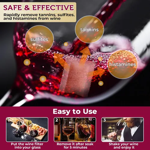 Vista 3 de Filtro de vino, paquete de 12 filtros de vino para histaminas y sulfitos, sulfito de vino e histamina, evita alergias al vino y dolores de cabeza
