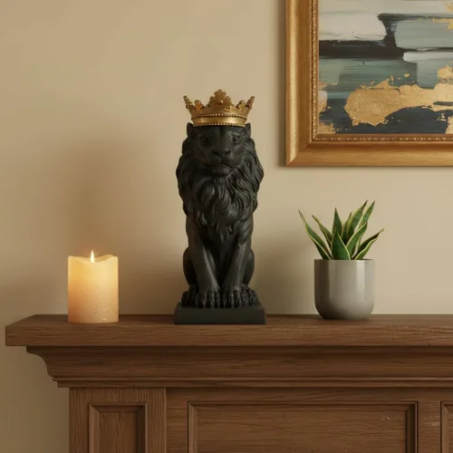 Vista 3 de Comfy Hour 14.6 pulgadas de altura, estatua del noble rey león del bosque con corona dorada, figura decorativa de animal para oficina en casa