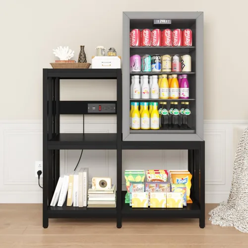 Vista 7 de Mini soporte para refrigerador con almacenamiento con toma de corriente, soporte para horno de microondas, estante para panaderos con estante