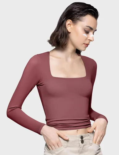 Vista 3 de PUMIEY Camisetas de manga larga con cuello cuadrado para mujer, ajustadas, camiseta básica Smoke Cloud Pro Collection
