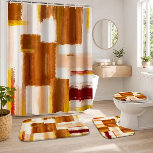 Vista 17 de Lnond 4 Piezas Juegos de Cortinas de Ducha de Baño Moradas con Alfombras, Arte de Pintura Púrpura y Gris Juegos de Baño con Cortina de Ducha