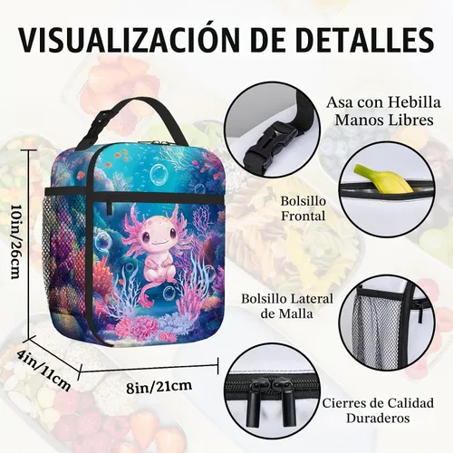 Vista 3 de Axolotls - Lonchera para niñas y niños, con diseño de animales del océano azul, reutilizable, aislada, impermeable, a prueba de fugas, térmica