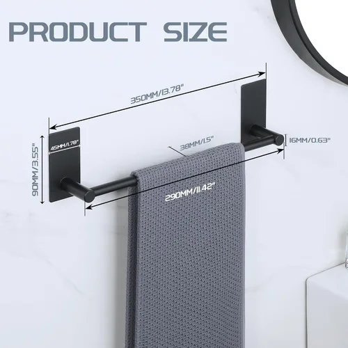 Vista 2 de Alise Toalleros para baño, barra para toallas adhesiva de acero inoxidable SUS 304 de 12 pulgadas sin taladro, toallero negro mate de fuerte