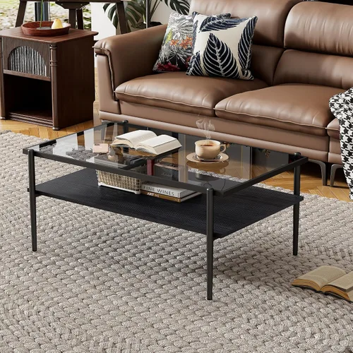 Vista 7 de Mesa de centro moderna rectangular con tapa de vidrio templado con estante de madera para el hogar, sala de estar, oficina, tienda o dormitorio