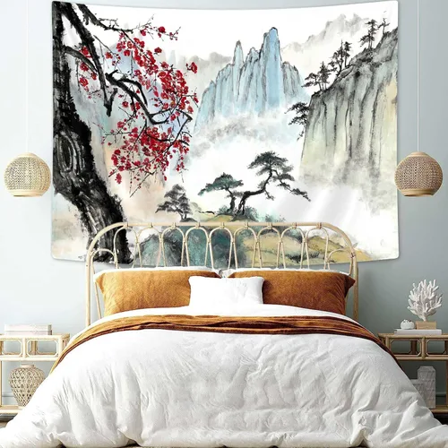 Vista 3 de Bcsewcg Tapiz de arte de pared de anime de flor de cerezo para dormitorio y sala de estar decoración del hogar