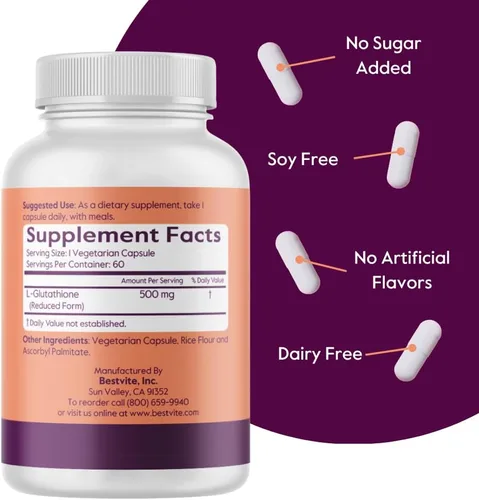Vista 3 de BESTVITE L-glutatión 500 mg (60 cápsulas vegetales) - Sin estearatos - Vegano - Sin OMG Sin gluten - Suplemento antioxidante