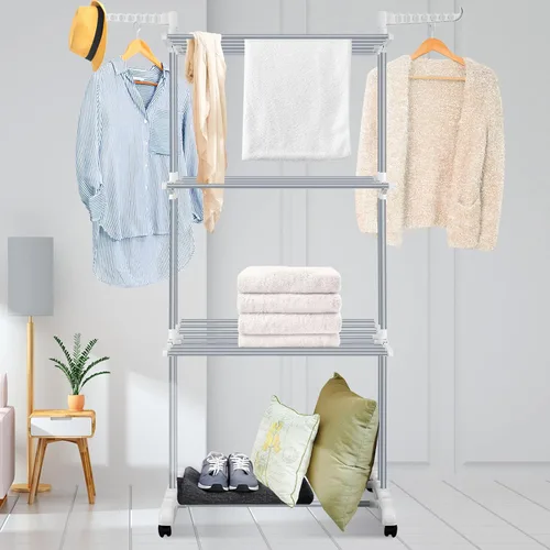 Vista 3 de Estante de secado de ropa, 3 niveles, multifuncional, grande, para caballos, perchero ajustable de acero inoxidable, colgador de ropa con dos alas