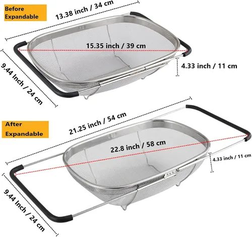 Vista 3 de Colador ovalado de acero inoxidable para colocar sobre el fregadero con asas de goma expandibles, colador de malla fina para cocina, colador de 6
