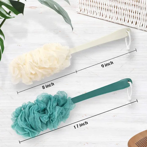 Vista 12 de PIPUHA - Paquete de 2 cepillos de ducha con esponja de lufa para ducha, exfoliante corporal con mango largo, esponja en un palo para hombres