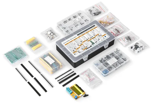 Vista 2 de Surtido de componentes electrónicos, Resistencias, Condensadores, Inductores, Diodos, Transistores, Potenciómetro, IC, LED, PCB, Probador LCR, 2200
