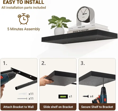 Vista 6 de Acovy Estantes flotantes de 16 pulgadas, estantes flotantes de 16 x 9.25 x 1.5 pulgadas de profundidad para pared, estantes de madera para baño