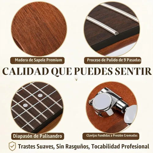 Vista 5 de Ranch - Ukulele profesional, de madera, kit de ukelele con 12 lecciones en línea gratis