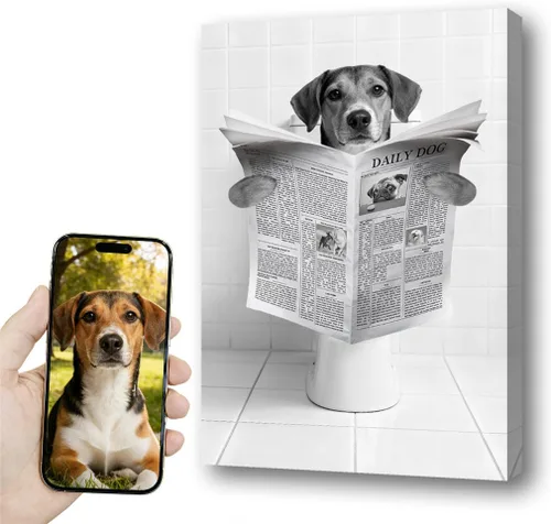 Vista 10 de kvtiwee retrato personalizado de mascota a partir de foto, arte de pared en lienzo de gato en el inodoro, arte de baño divertido en blanco y negro