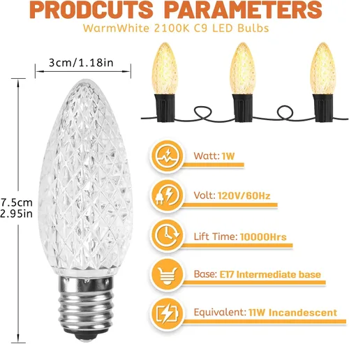Vista 2 de Bombillas de Navidad C9, color blanco cálido, 2100 K, 1 W, repuesto 7 W, bombilla Edison E17, base 120 V, inastillable, para interiores
