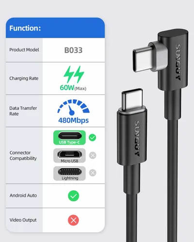 Vista 2 de SUNGUY Cable USB C a USB C de 6 pulgadas [2 unidades], ángulo recto de 0.5 pies, 90 grados tipo C a C, 60 W, PD de carga rápida, compatible