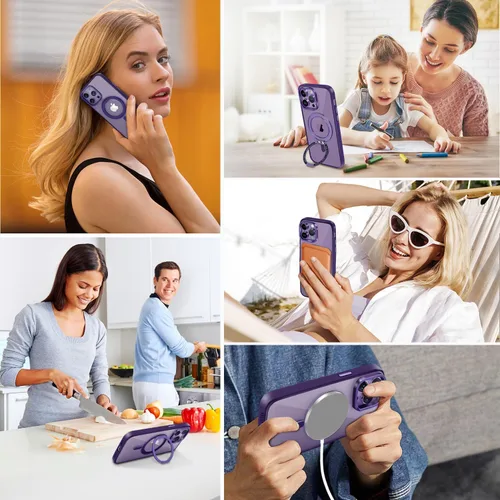 Vista 6 de Funda magnética para iPhone 14 Pro Max compatible con Magsafe, iPhone 14 Pro Max con soporte de anillo giratorio de 360°, bonita funda translúcida