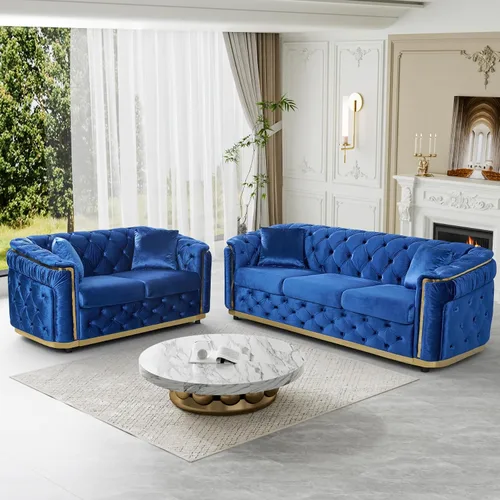 Vista 10 de Sofá Chesterfield de terciopelo de 62.5 pulgadas con respaldo copetudo y detalles dorados, beige Blanco