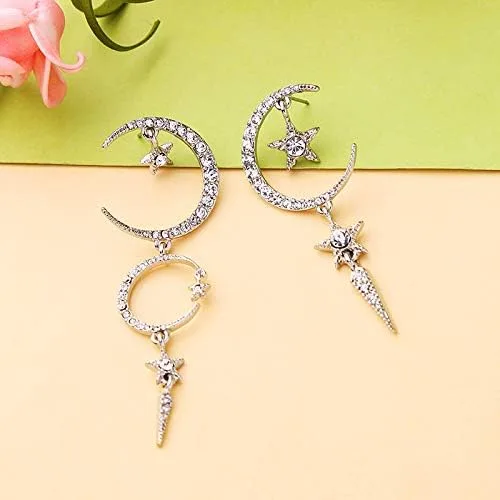 Vista 5 de Exaggerated - Aretes de gota con diseño de luna de sol y estrellas con diamantes de imitación punk, para mujer