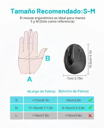 Vista 7 de Lekvey Ratón ergonómico, mouse inalámbrico vertical para manos pequeñas/medianas, recargable con receptor USB, 3 DPI para mayor comodidad, alivia