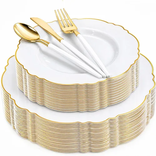 Vista 9 de WDF 30 Invitados - Platos de plástico negro y dorado, platos de Año Nuevo, cubiertos de plástico dorado con mango negro, vajilla desechable barroca