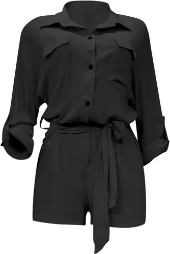 Vista 4 de ZHONKUI Mono de lino liso para mujer, elegante, de verano, manga corta, cuello de solapa, overoles cortos con cinturón