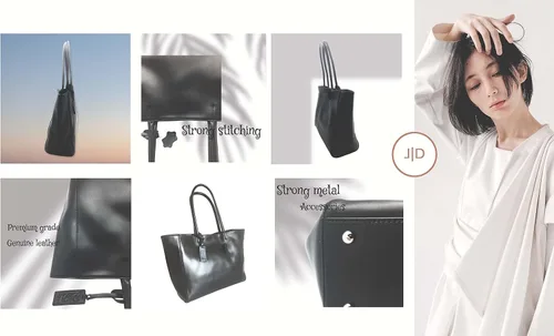 Vista 4 de JD Love Bolsos de cuero genuino de primera calidad elegante limpio diseño simple por diseñador japonés asas asas bolso bolso grande hombro en negro