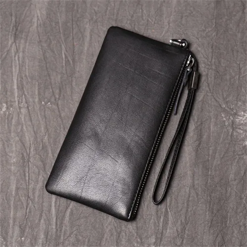 Vista 4 de Bolso de mano de cuero para hombre, bolso de mano de gran capacidad con cremallera larga, con tarjetero multifunción