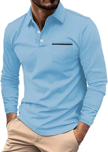Vista 11 de Polo de manga larga para hombre, diseño casual de algodón con bolsillo, cuello clásico con botón para golf