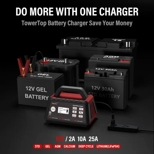 Vista 6 de TowerTop Cargador de batería inteligente de coche de 2/10/25 amperios de 12 V, mantenedor de batería completamente automático con arranque