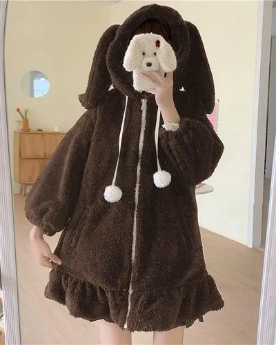 Vista 3 de BZB Sudaderas con capucha de conejo de anime Kawaii para mujer, suéter de conejo mullido y mullido para cosplay, abrigos