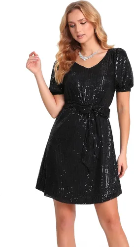 Vista 4 de Camiseta de manga corta con cuello en V y lentejuelas para mujer, talla grande, mini vestido con cinturón, vestidos de cóctel brillantes