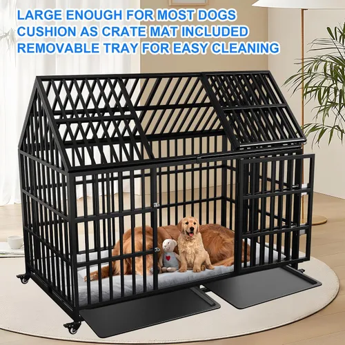 Vista 3 de Jaula resistente para perros de 54 pulgadas, jaula para perros gigantes extra grandes con 2 puertas, ruedas con bloqueo, bandejas extraíbles, acceso