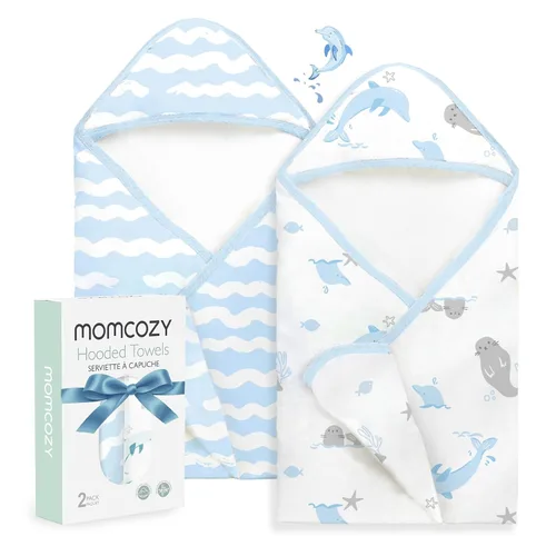 Vista 18 de Momcozy Toalla de bebé con capucha, ultra suave y absorbente, juego de toallas de baño grandes para mayor comodidad y suavidad en la piel del bebé