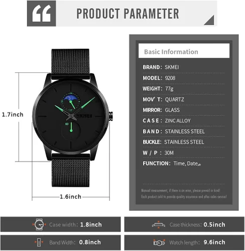 Vista 6 de SKMEI Black Watches for Men Fashion Minimalist Waterproof Ultra-Thin Analog Quartz Moon Phase Stainless Steel Mesh Band Wristwatch for Men