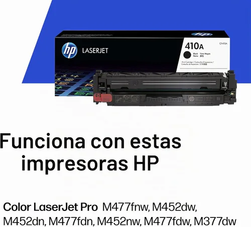 Vista 2 de HP 410A Cartucho de tóner negro Funciona con Color LaserJet Pro Serie M452, MFP M377, Serie M477 CF410A