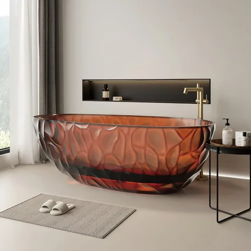 Vista 11 de Bañera independiente transparente de 67 pulgadas – Bañera de superficie sólida de diseño con textura ondulada, bañera de remojo extra profunda