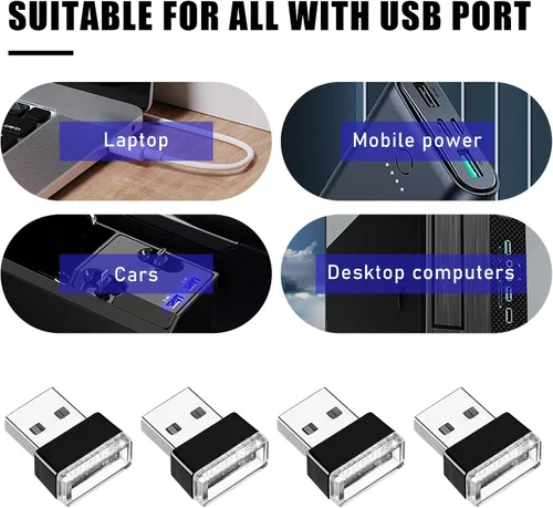 Vista 3 de 4 PCS Lámpara de Atmósfera Interior de Coche LED USB, Mini Luz Nocturna LED Portátil, Kit de Iluminación Ambiental de Maletero con Interfaz USB
