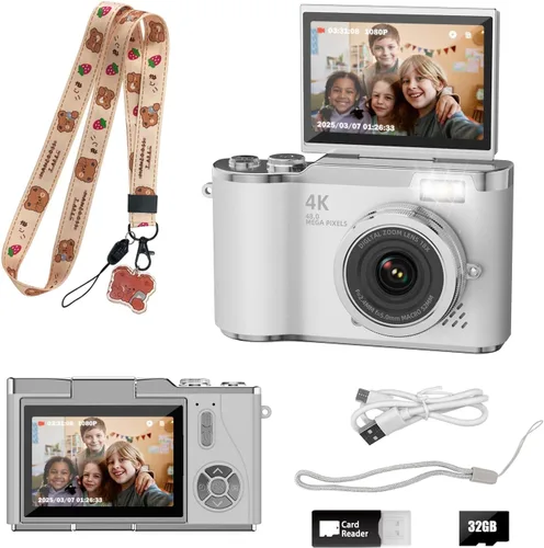 Vista 8 de Cámara para niños, cámara digital 4K para fotografía, cámara de video selfie HD 1080P de 48MP, con pantalla giratoria de 180° y flash, con tarjeta