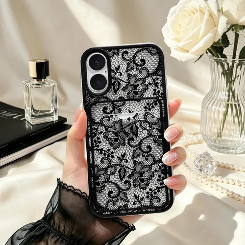 Vista 4 de NITITOP Para iPhone 16 Funda Transparente Linda Flor De Encaje - Flor Negra negro (Black Bloom)