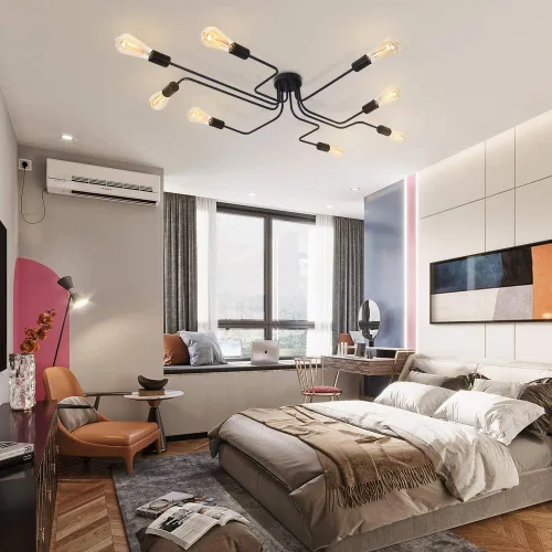 Vista 7 de Lingkai Sputnik - Lámpara de techo industrial, 8 luces, semiempotrada, con acabado negro mate para sala de estar, dormitorio, comedor