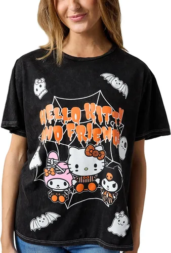 Vista 2 de Hello Kitty Halloween Spiderweb Ghosts and Bats - Camiseta para mujer en lavado mineral negro