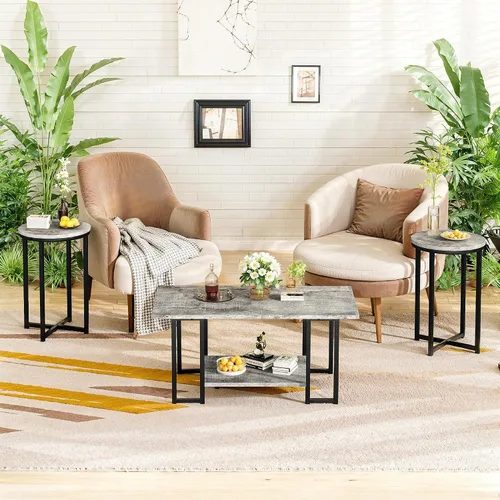 Vista 4 de Lamerge Juego de 3 mesas para sala de estar, mesa de café de mármol sintético con 2 mesas auxiliares redondas, juego de mesa de café con estructura