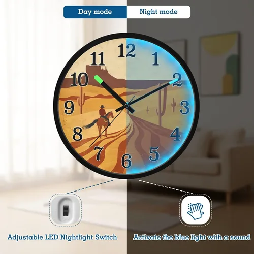 Vista 5 de Battery Operated Silent Non-Ticking Clock Luminous Voice-Activated Modern Clocks Desert Men Horse Retro 12 Inch for Kitchen,Bathroom Home Office