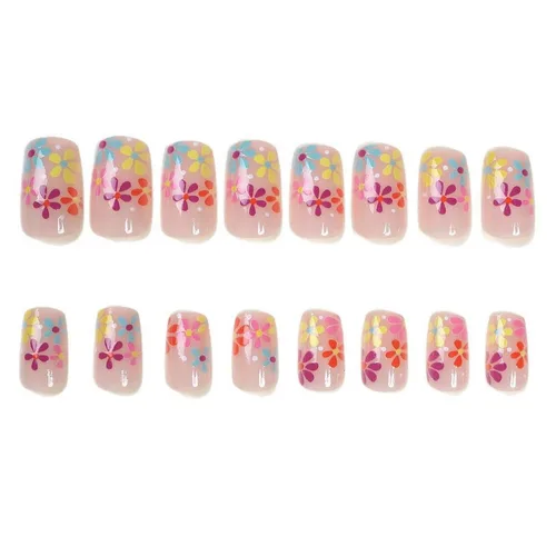 Vista 3 de Uñas postizas a presión con flores, uña corta cuadrada con diseños florales coloridos, uñas postizas de cobertura completa, uñas postizas brillantes