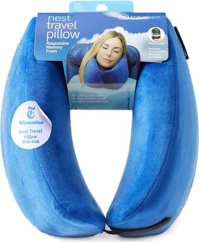 Vista 12 de Almohada terapéutica de viaje Travelrest, viscoelástica, de felpa, con cobertura de microfibra lavable, se engancha al equipaje, Memory Foam, Azul