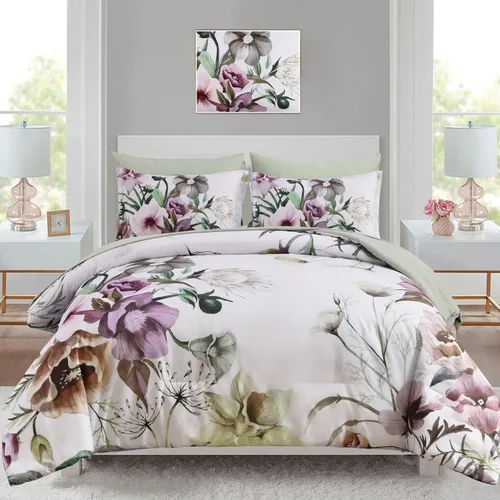 Vista 25 de Luxudecor Juego de edredón floral tamaño individual de 7 piezas, cama de flores aguamarina en una bolsa, elegante edredón floral degradado con juego