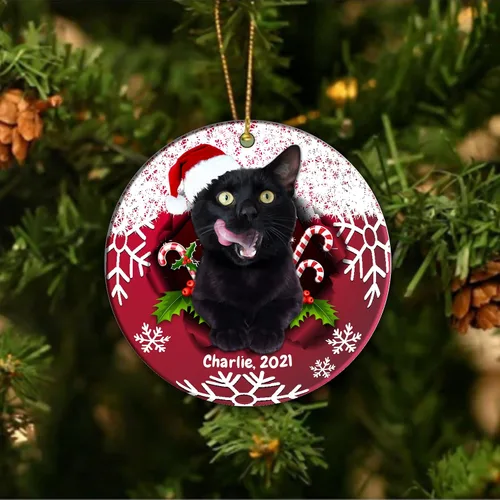 Vista 2 de Adorno personalizado, adorno de gato negro, regalo para amantes de los gatos, adorno de cerámica de Navidad de gato negro, adorno de Navidad